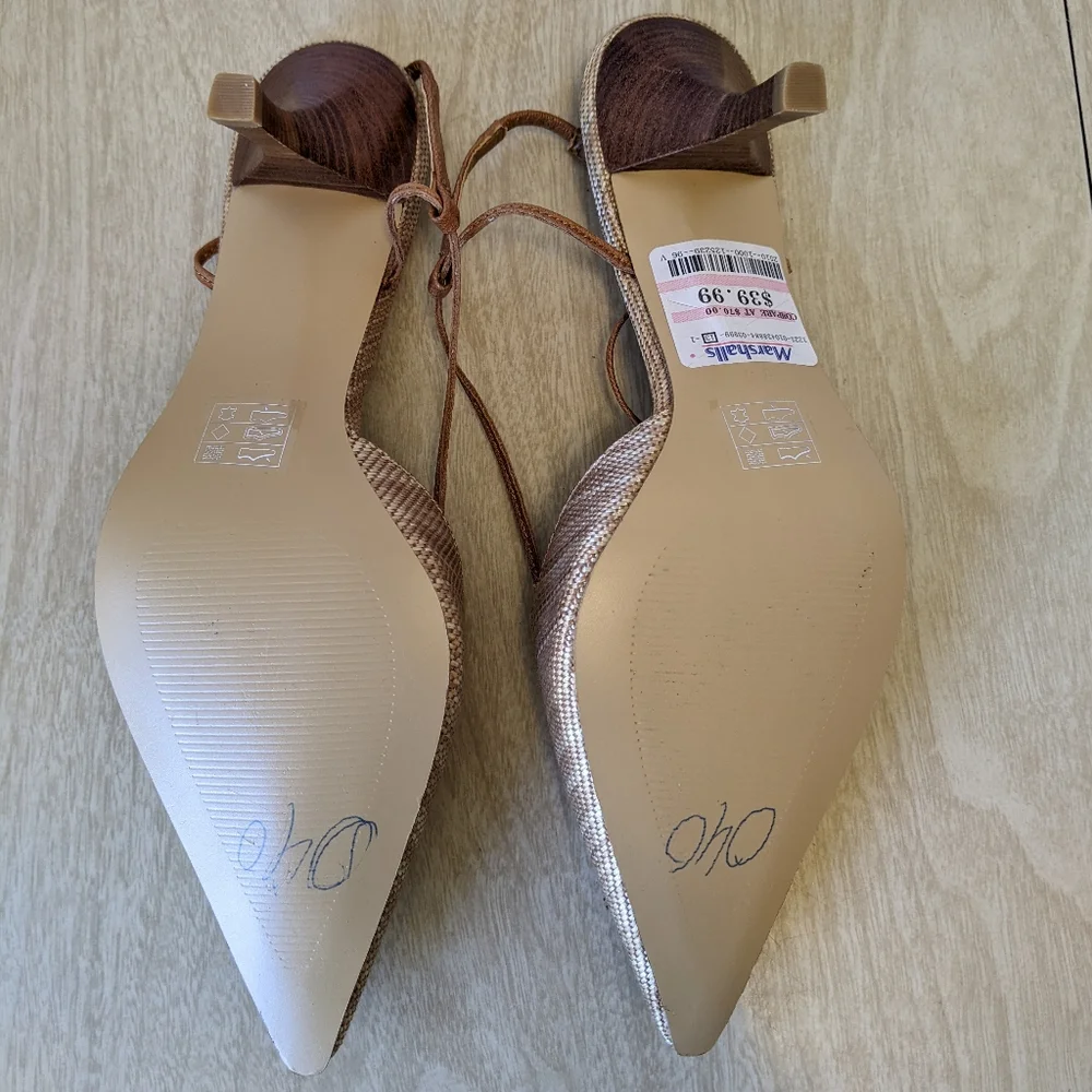 New A. Marinelli Matte Gold & Tan Woven Slingback Heels 8 - Picture 6 of 9
